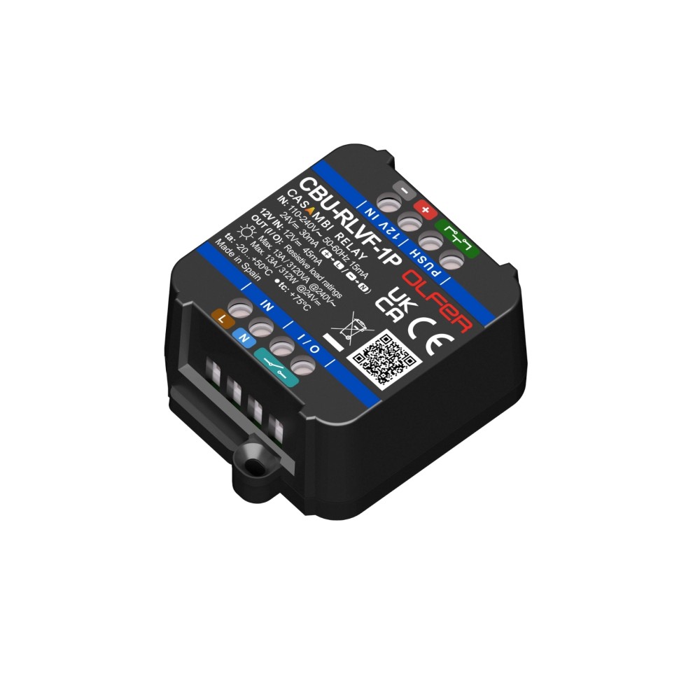 OLFER CBU-RLVF-1P — Relay Casambi Ngõ Ra Volt-Free 13A, Bluetooth BLE, Hỗ Trợ AC/24VDC/12VDC