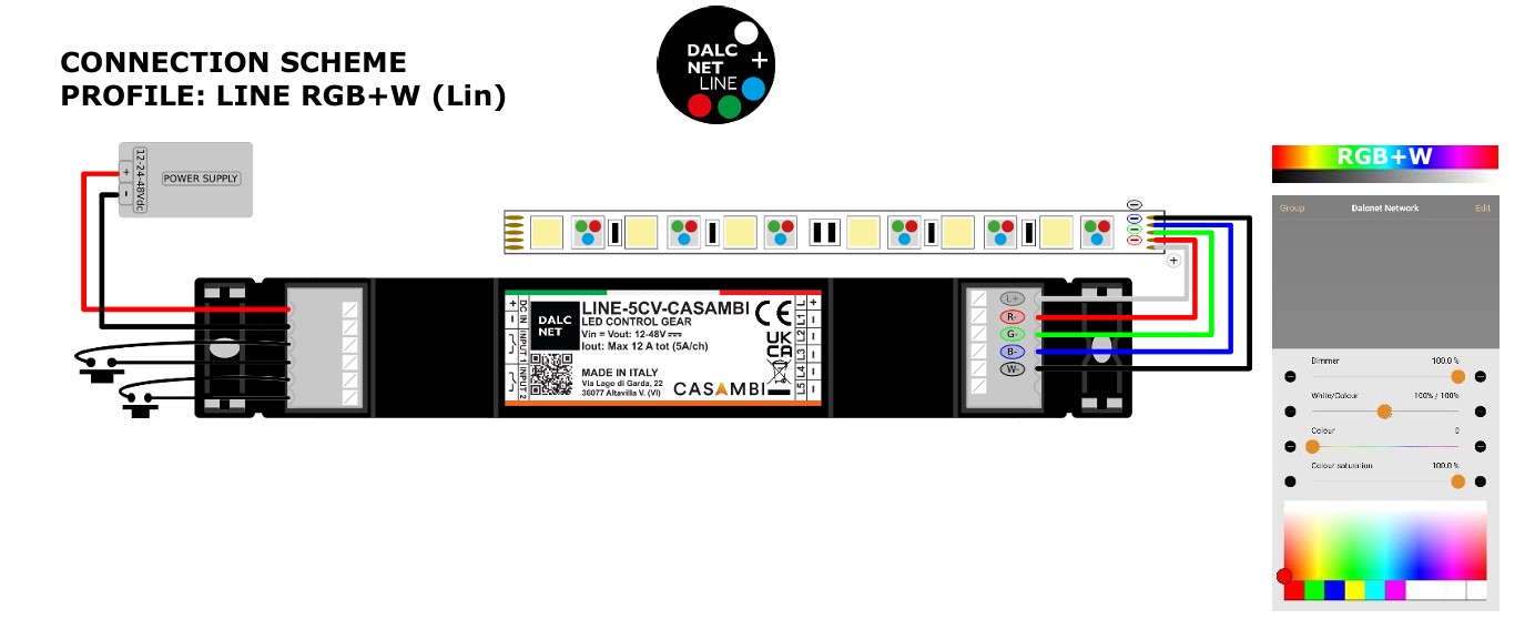 DALCNET LINE-5CV-CASAMBI — Dimmer LED 5 Kênh Bluetooth Casambi, PWM 4000Hz, Nguồn 12–48 VDC, Hỗ Trợ RGB / RGBW / Tunable White
